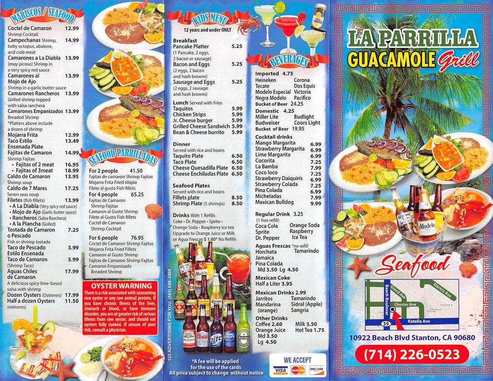 Menu at La Parrilla Guacamole Grill restaurant, Stanton