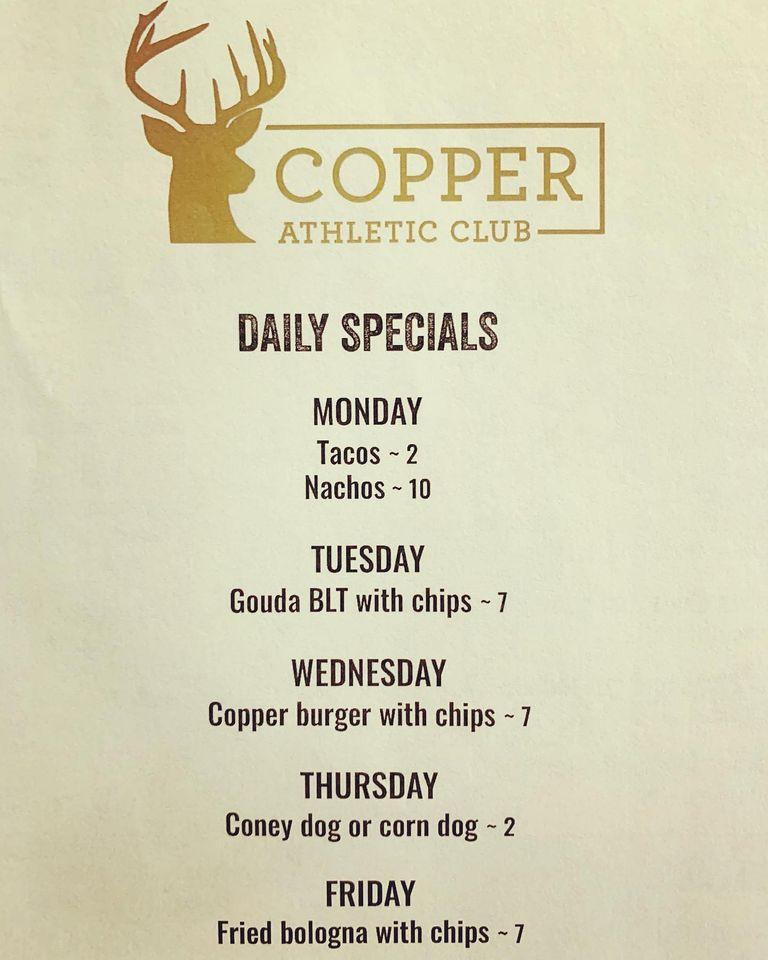 Menu at Copper Athletic Club, Marshall