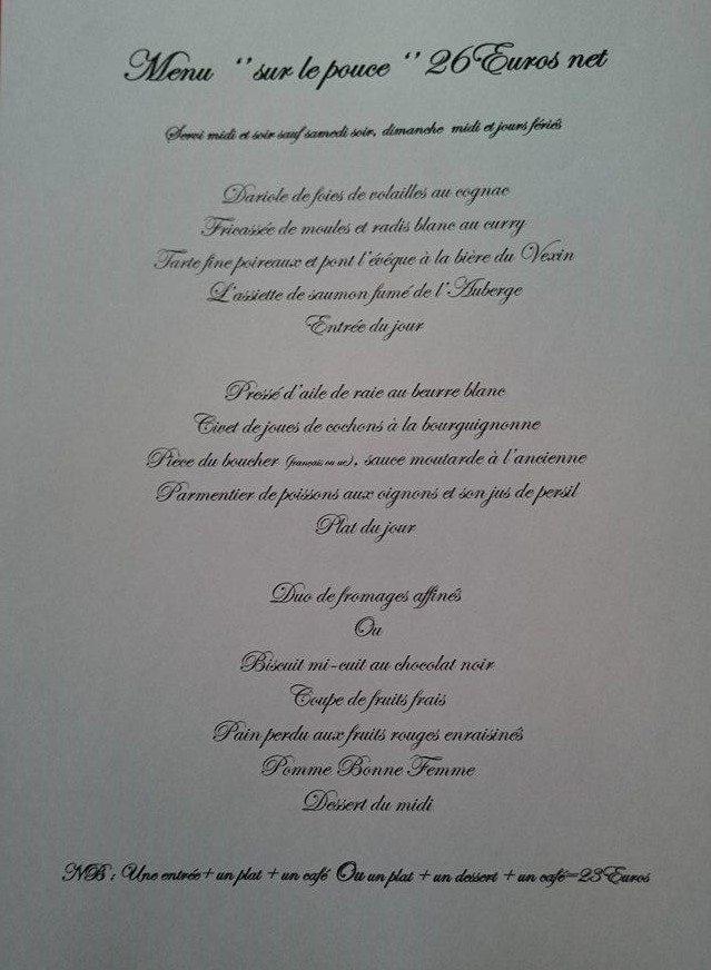 Menu at Auberge de la Gare restaurant, Montgeroult