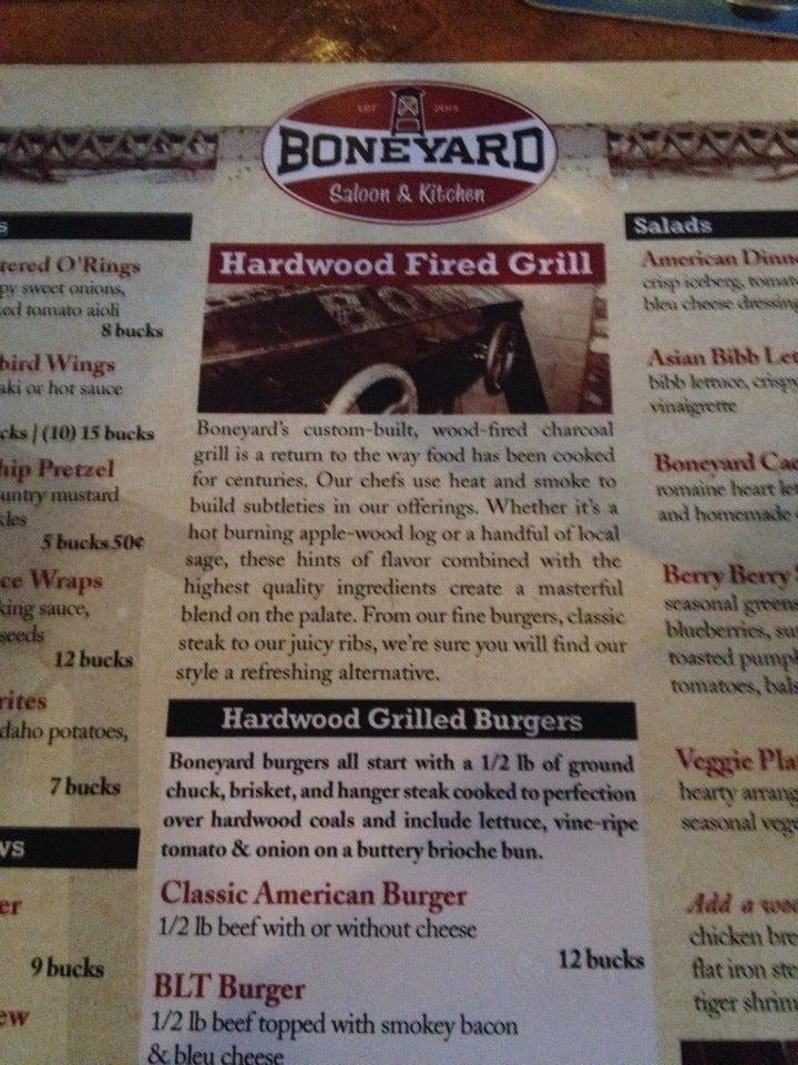 Menu at Boneyard Saloon pub & bar, Park City