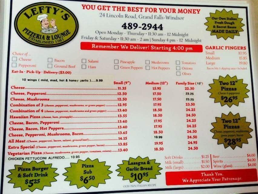 Menu at Lefty's Pizzeria & Lounge, Grand FallsWindsor