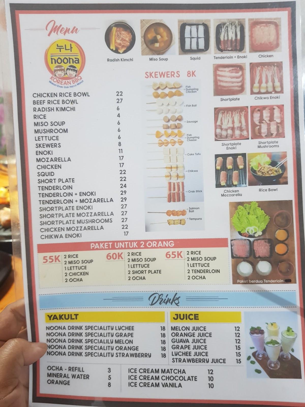 Menu at Noona Korean BBQ, Yogyakarta