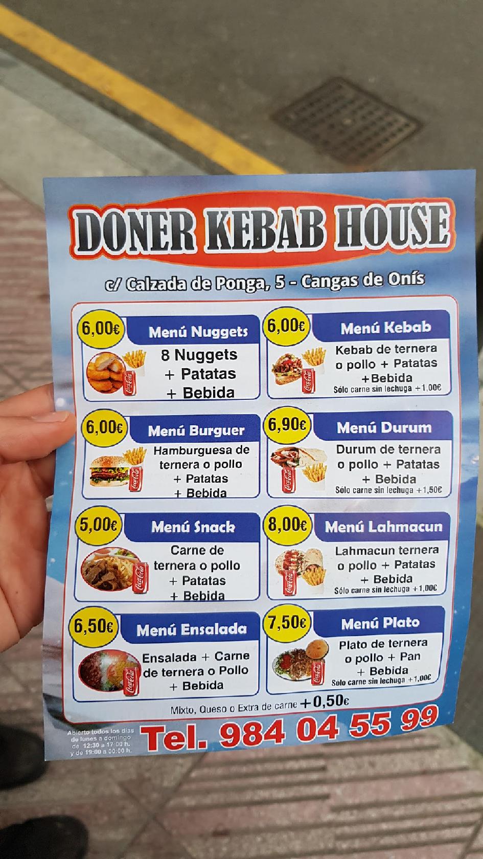Menu at Doner Kebab House restaurant, Cangas de Onís