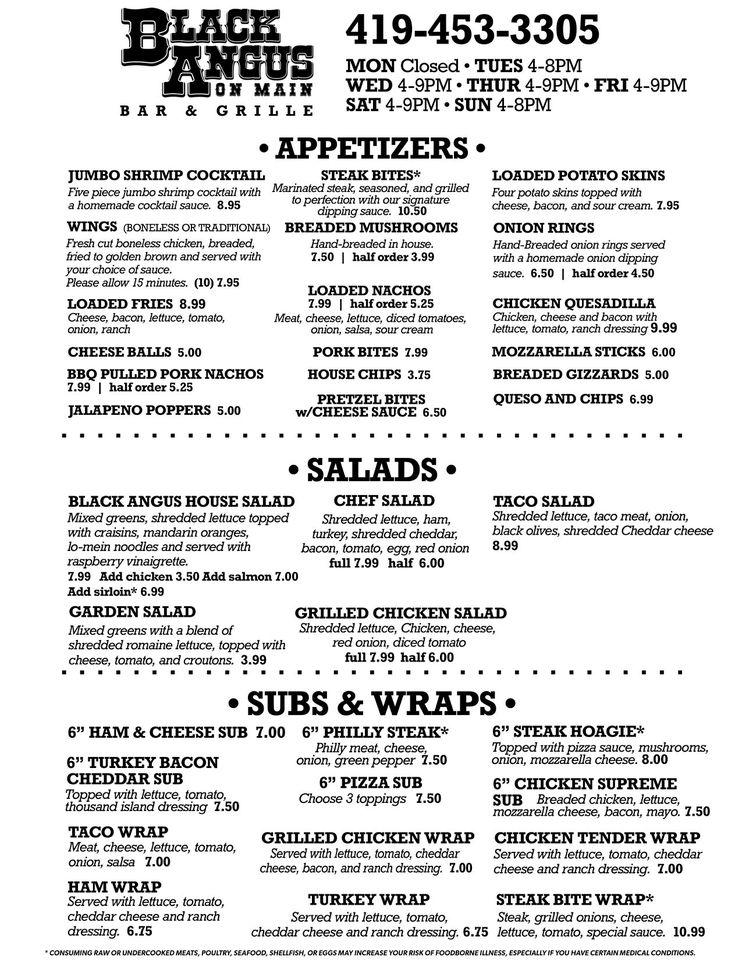 Menu at Black Angus On Main pub & bar, Ottoville