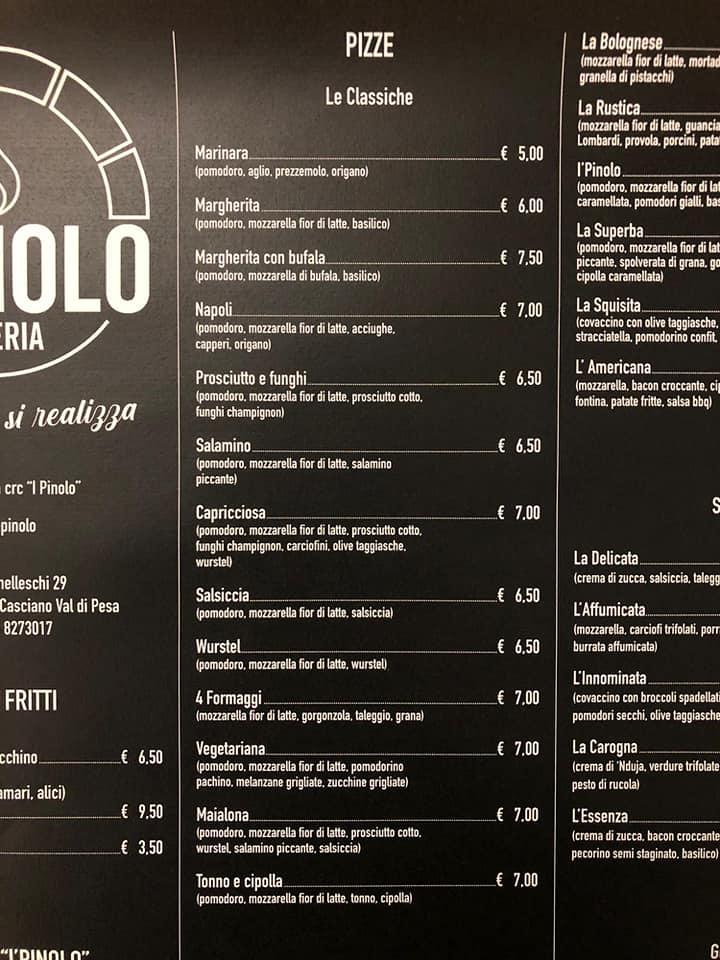 Menu at Pizzeria I’ Pinolo, Italy