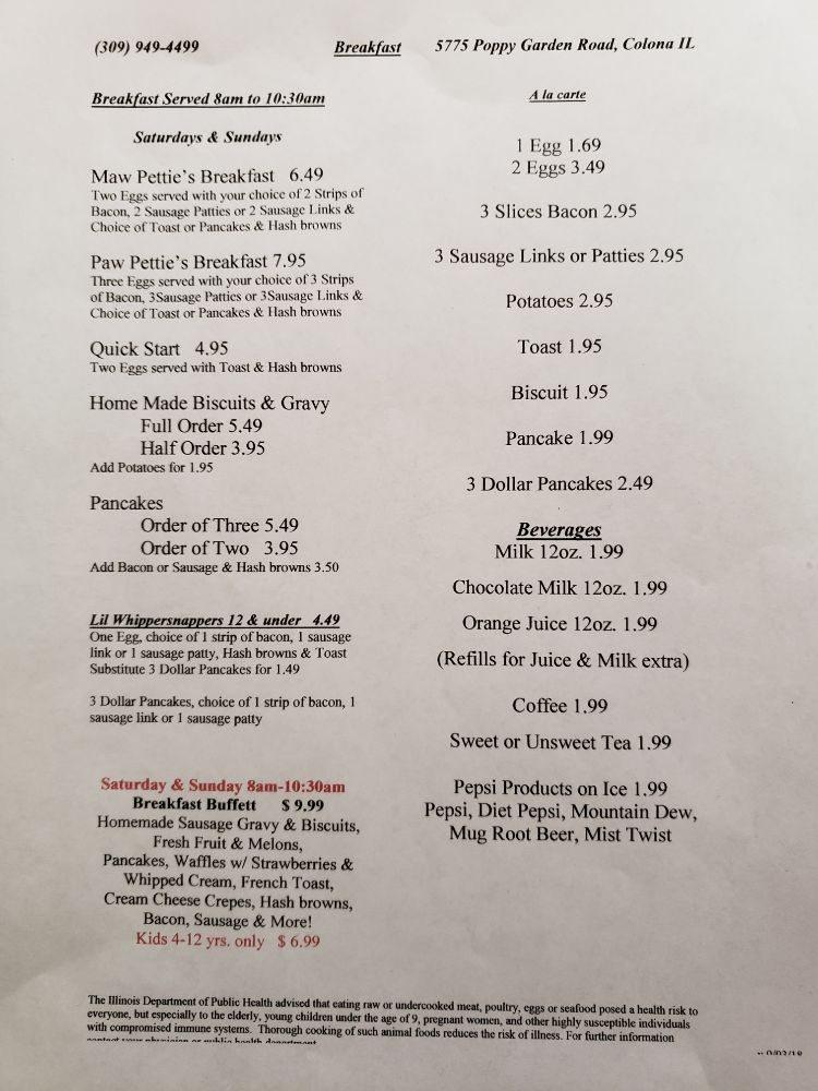 Menu at Cafe on the Lake, Colona