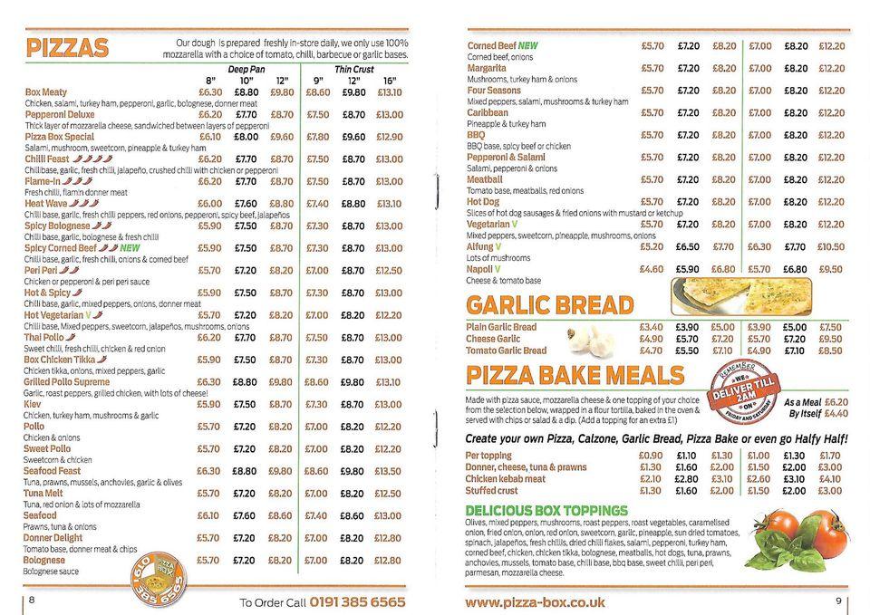 Menu at Pizza Box pizzeria, Houghton le Spring, Morton Crescent