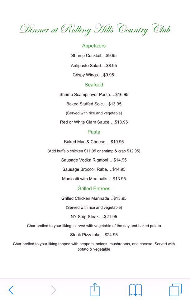 Menu at Rolling Hills Country Club, Fort Johnson