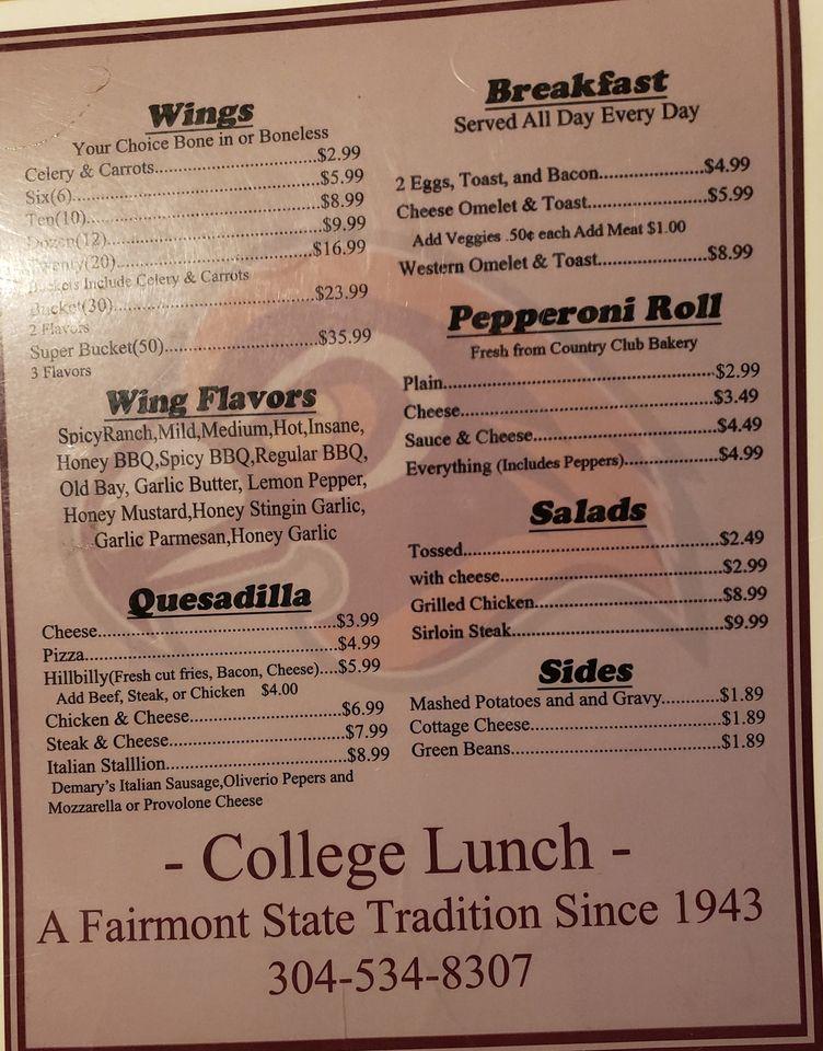 Menu at The College Lunch pub & bar, Fairmont