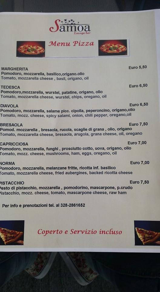 Menu di Samoa Lounge Bar 