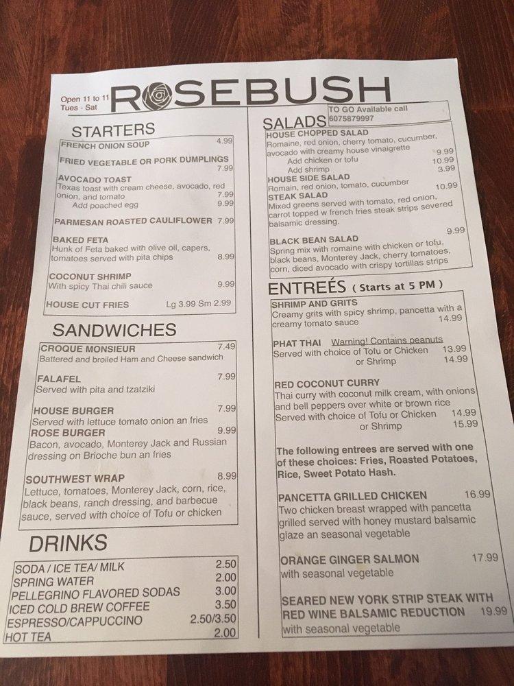 Menu at The Rosebush restaurant, Alfred