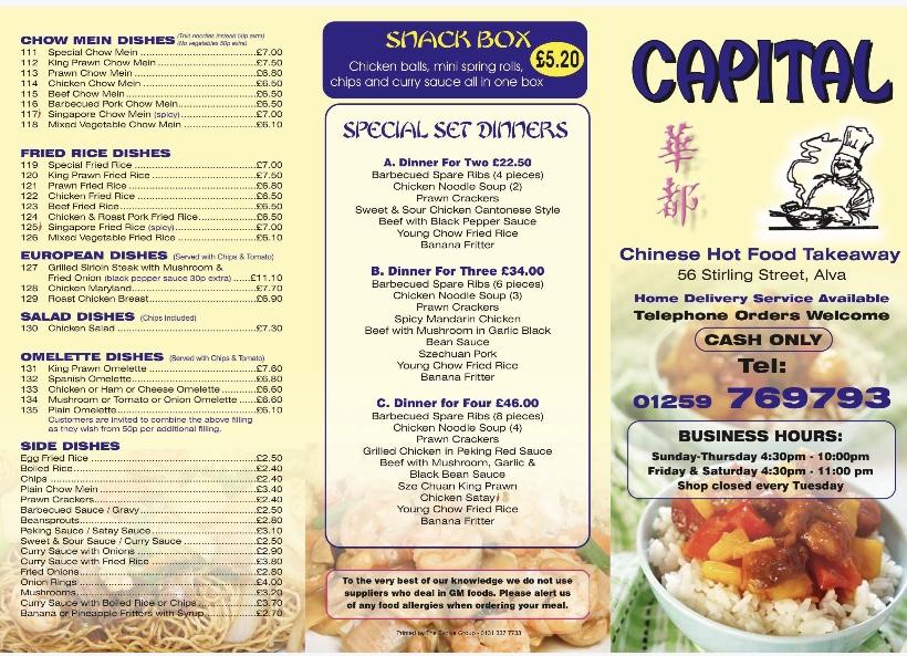Menu at Capital chinese fast food, Alva