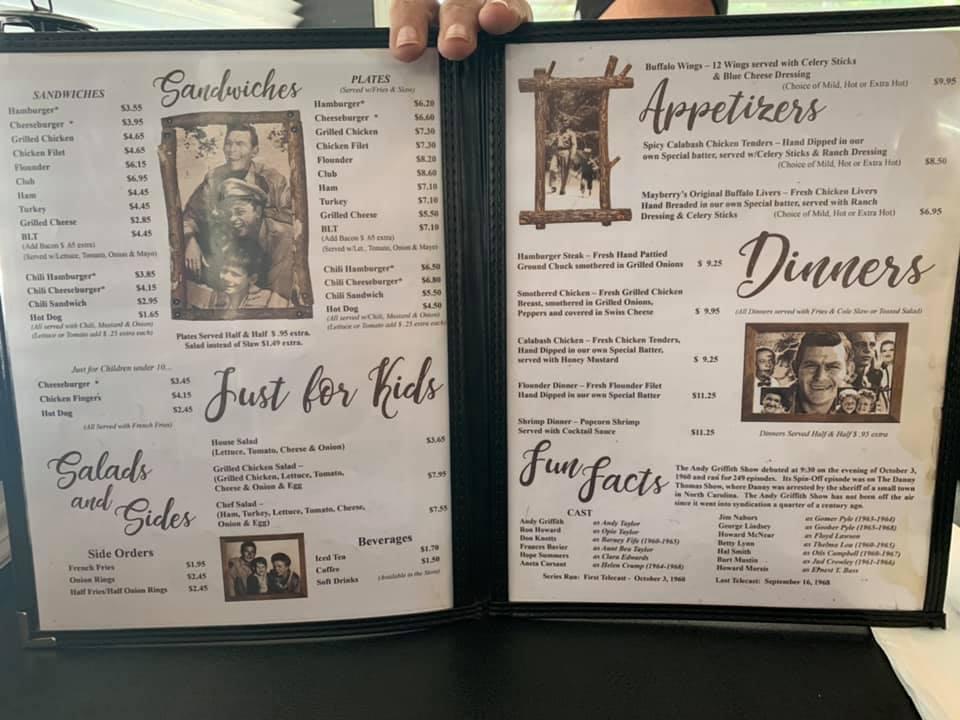 Menu at Mayberry Diner restaurant, Cross Hill