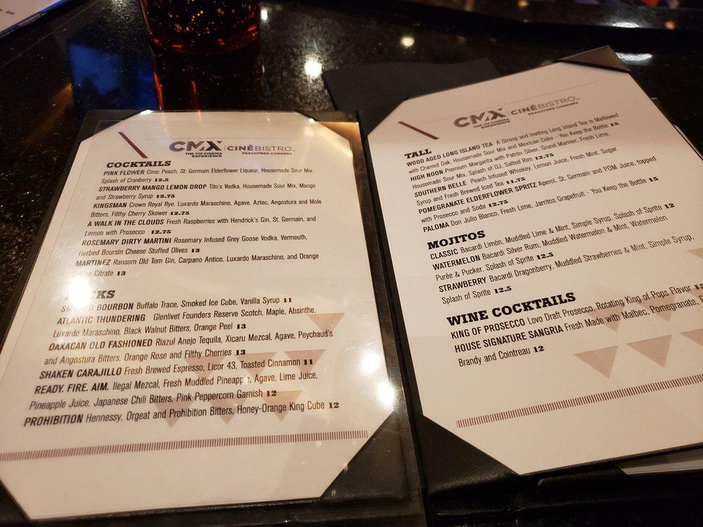 Menu at CMX CinéBistro Peachtree Corners restaurant, Peachtree Corners