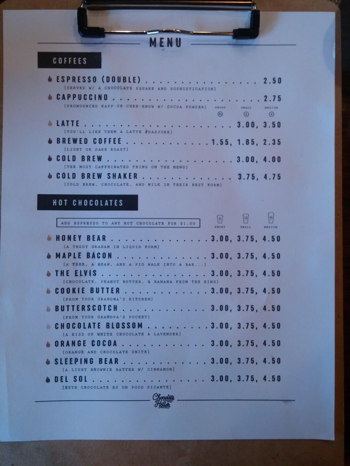 Menu at Chocolate Holler cafe, Lexington
