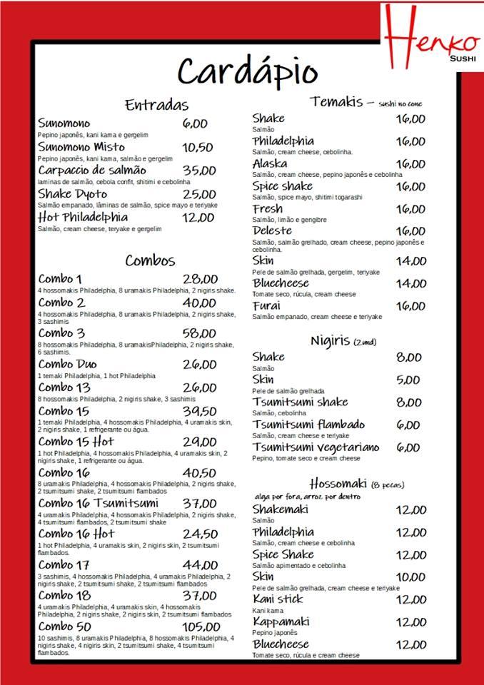 Henko Sushi Canoas cardápio
