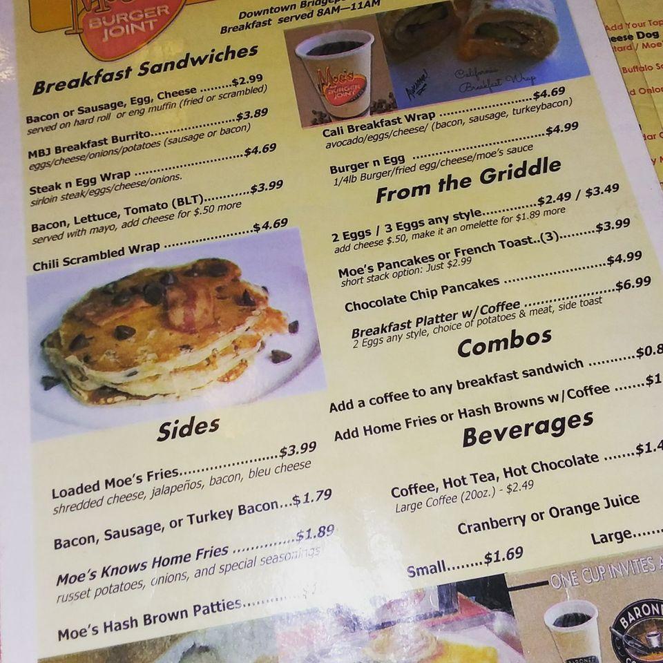 Menu at Moe's Burger Joint restaurant, Bridgeport