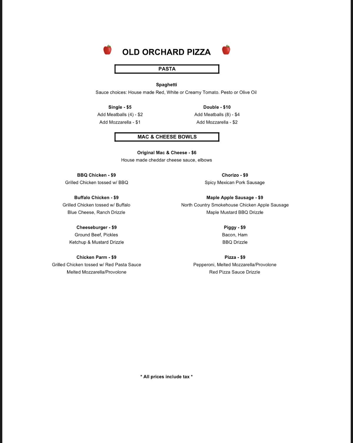 Menu at Old Orchard Place pizzeria, Willsboro