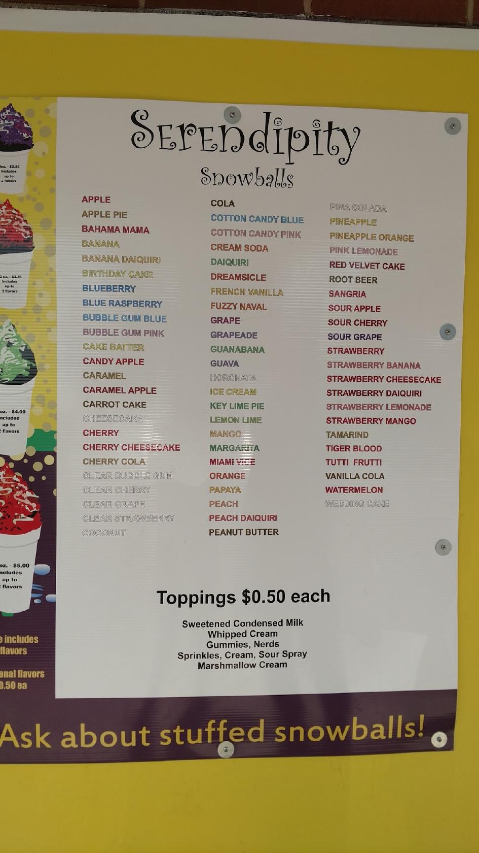 Menu at Serendipity Snowballs desserts, Forest City