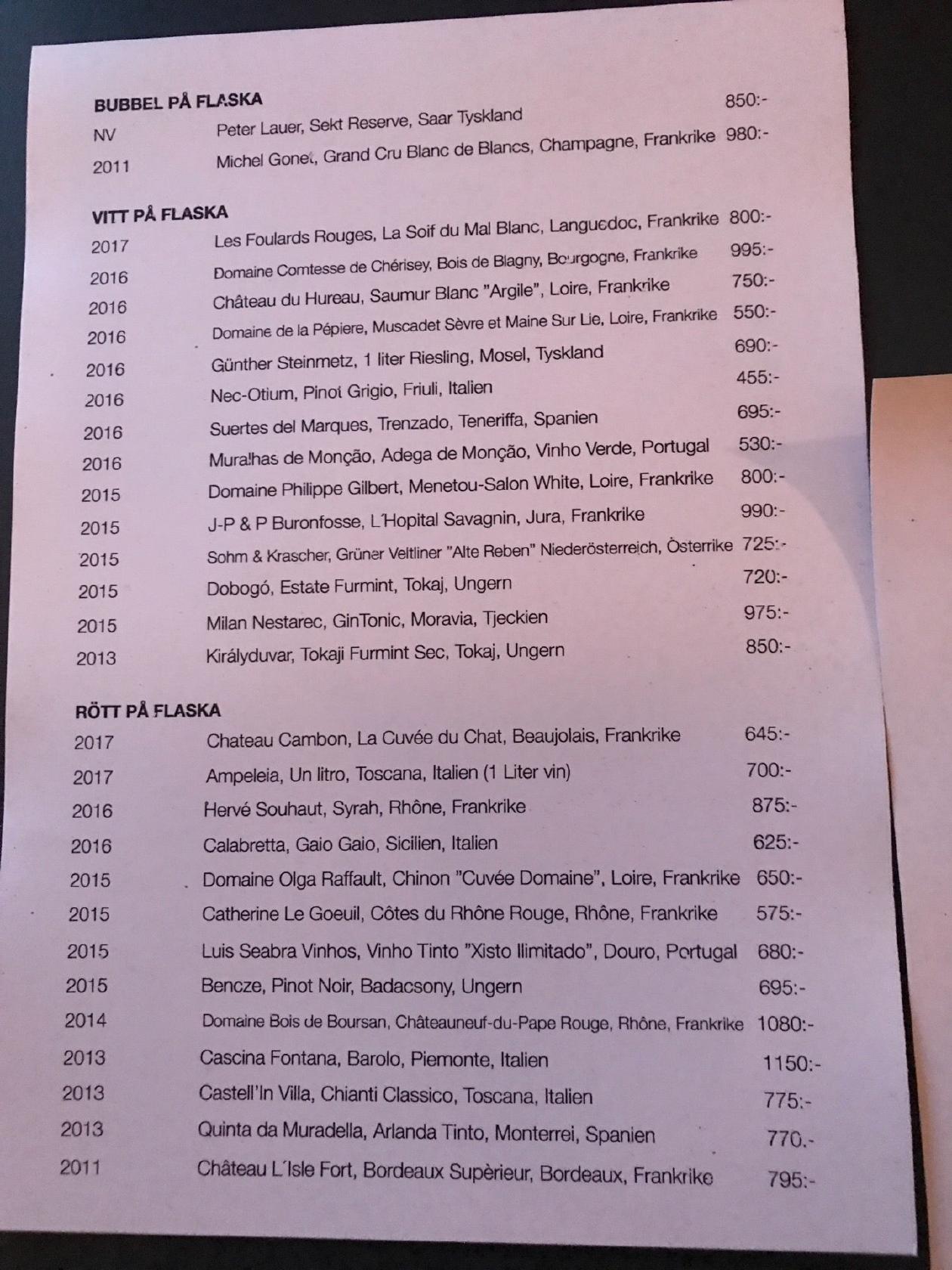 Menu at Bar Agrikultur, Stockholm