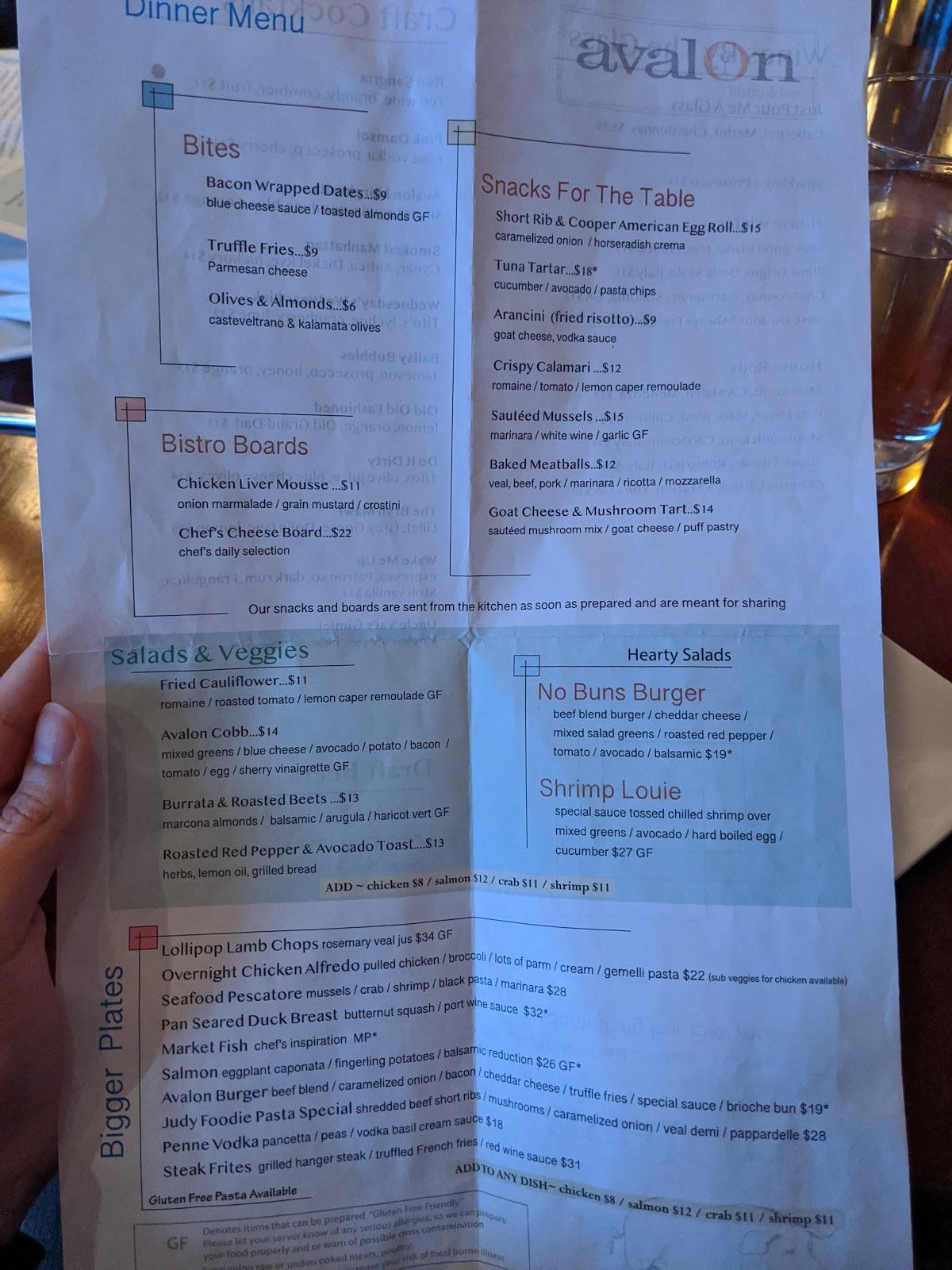 Menu at Avalon Bistro pub & bar, Bryn Mawr