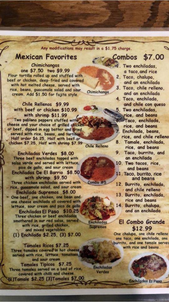 Menu at El Paso restaurant, Erin