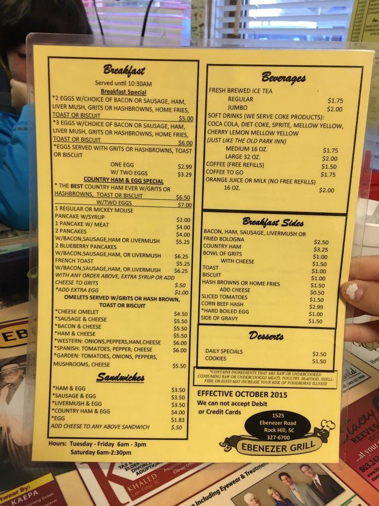 Menu at Ebenezer Grill restaurant, Rock Hill
