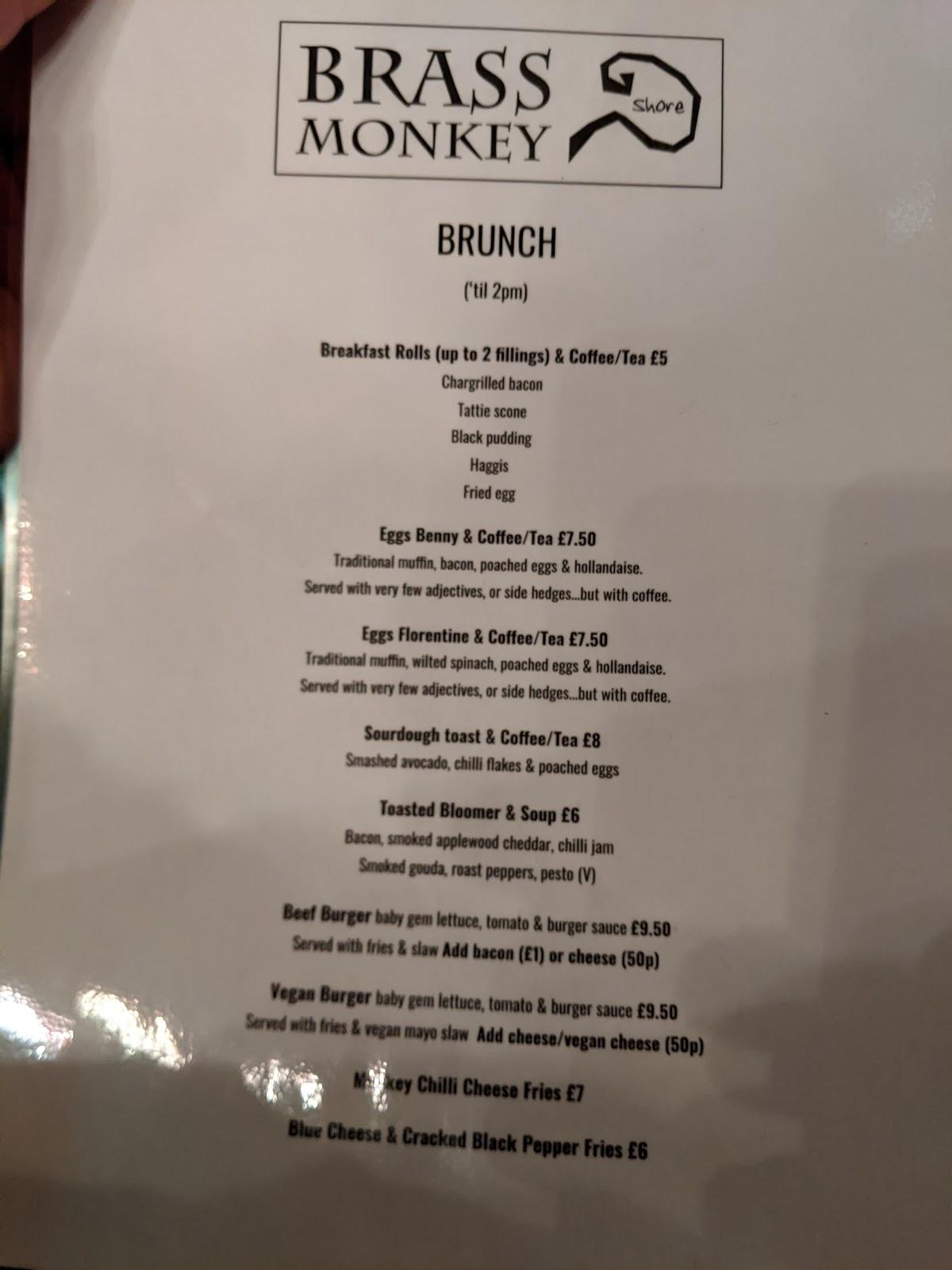 Menu at Brass Monkey Shore pub & bar, Edinburgh, 44 Queen Charlotte St
