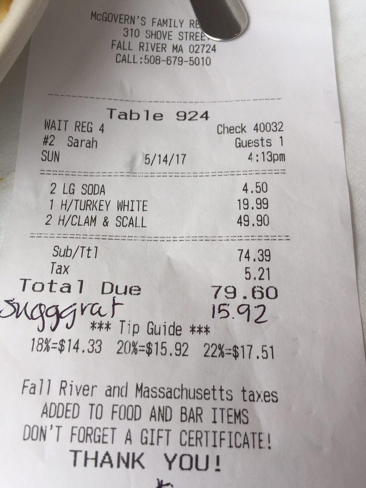 Menu at McGovern's Family Restaurant, Fall River