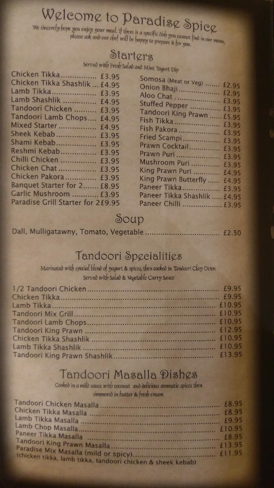 Menu at Paradise Spice restaurant, Cheadle