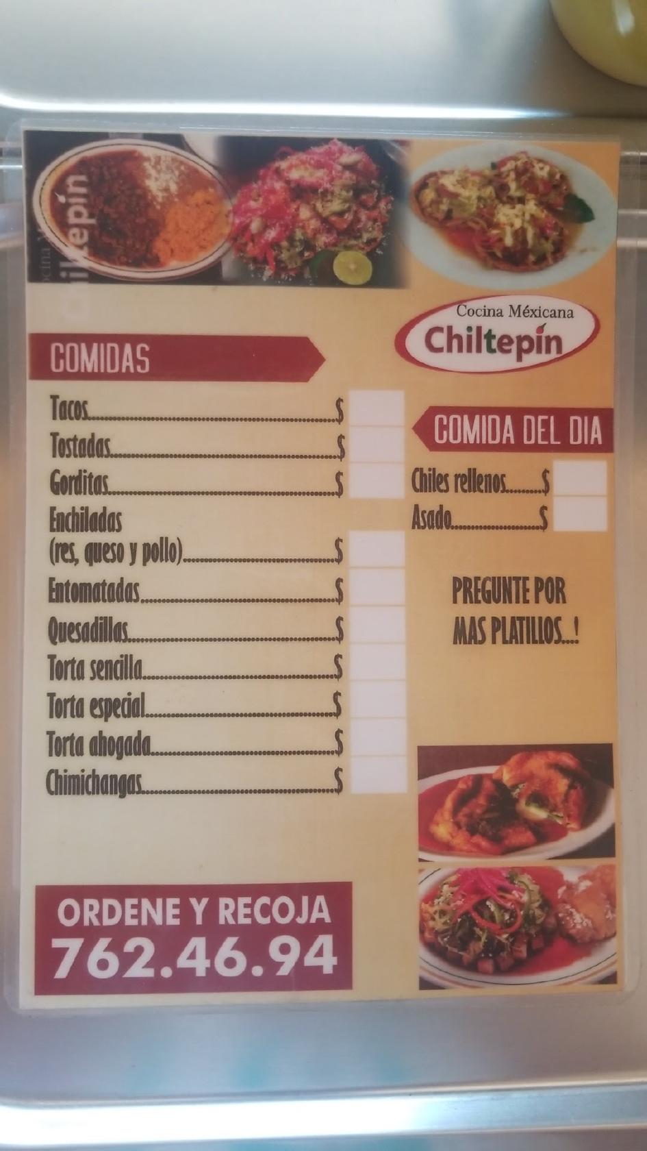 Menu at Cocina Mexicana Chiltepin restaurant, Culiacán