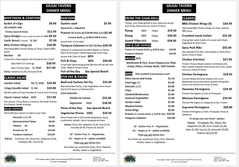 Menu at Gilgai Tavern pub &amp; bar, Kalbarri