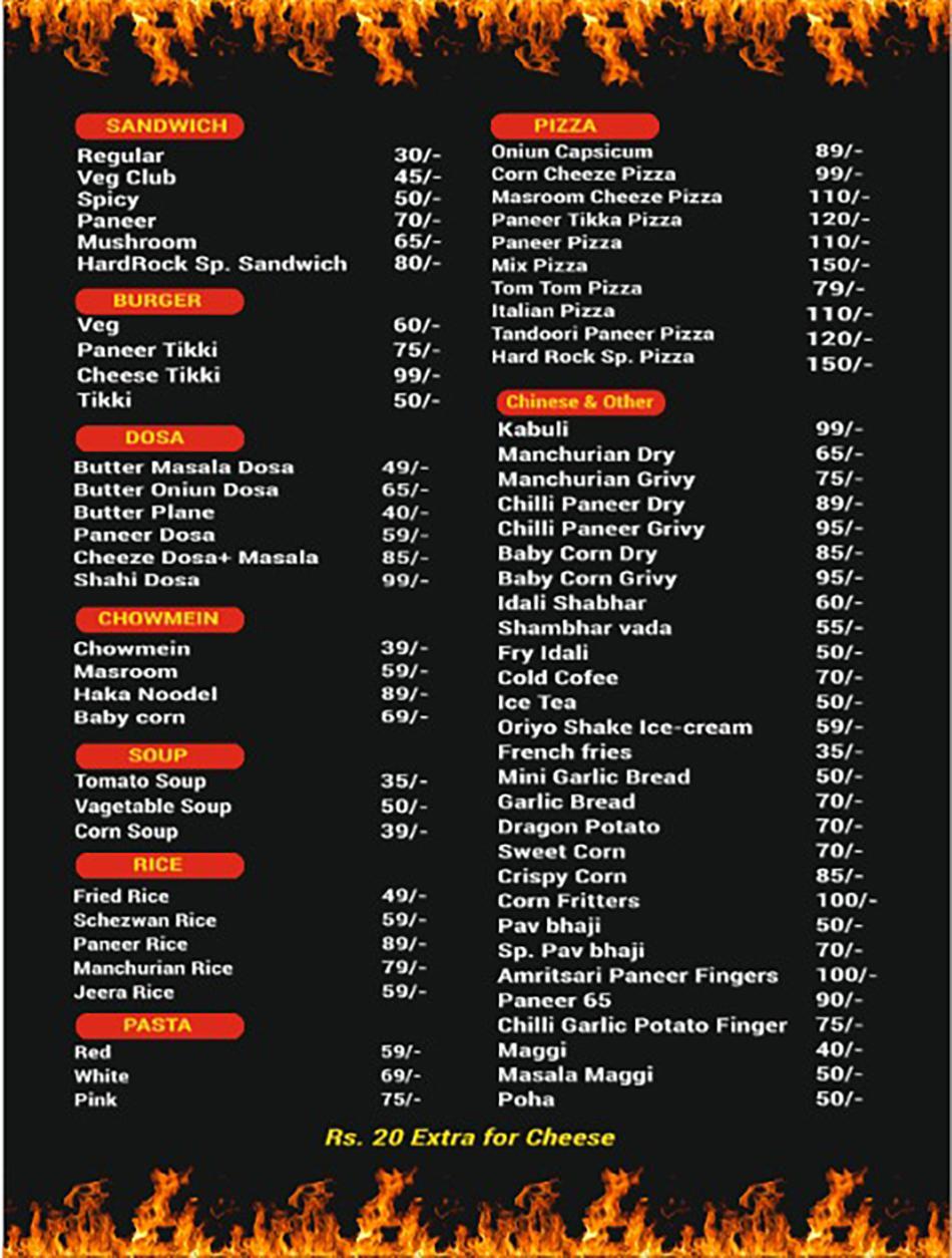 Menu at Hard Rock cafe and lounge, Jodhpur