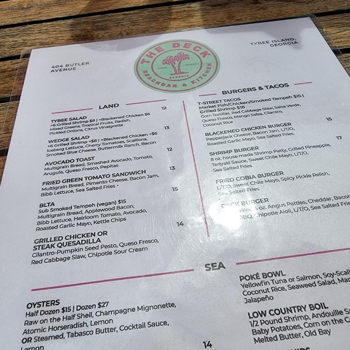 Menu at The Deck Beach Bar and Kitchen, Tybee Island