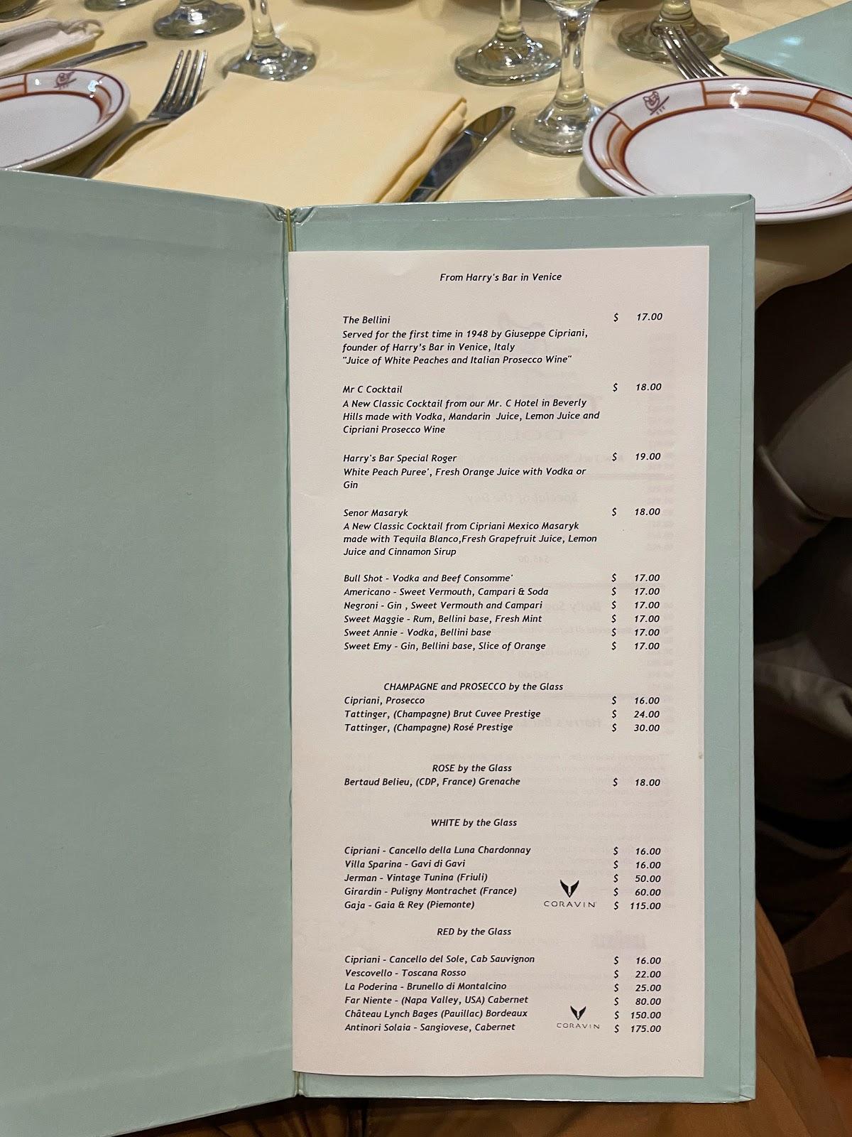 cipriani new york restaurant menu