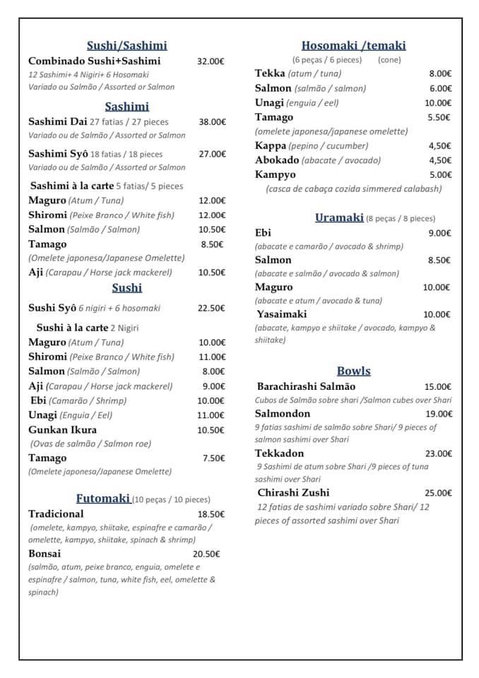 Menu em Bonsai restaurante, Lisboa, R. da Rosa 248