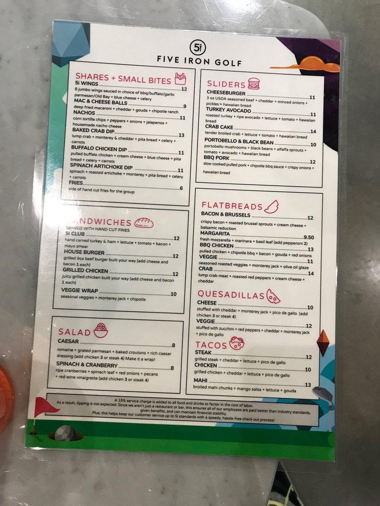 Carta del pub y bar Five Iron Golf Baltimore, Baltimore