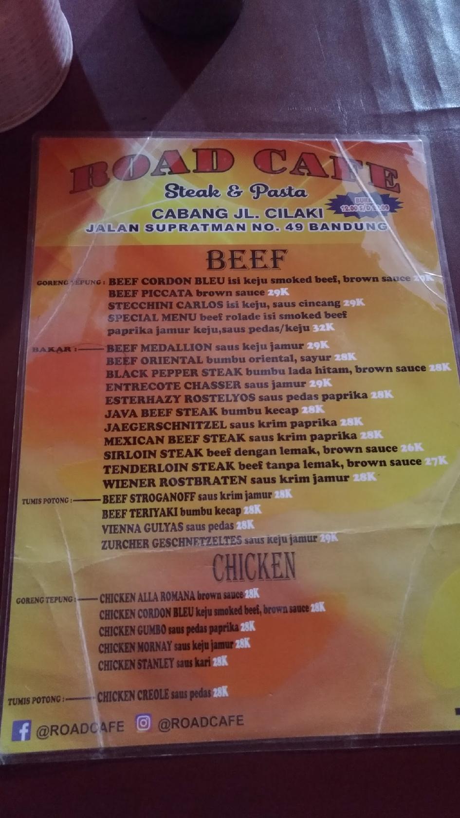 Menu at Road Cafe, Bandung, Cilaki St No.41