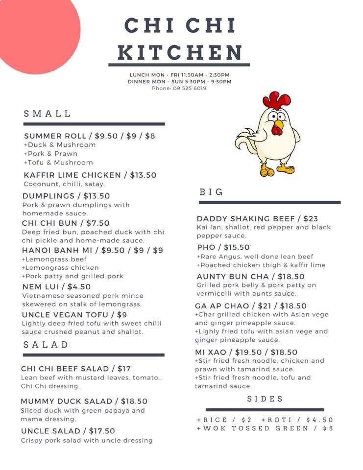Menu at ChiChi Kitchen restaurant, Auckland, 1C Rawhiti Rd