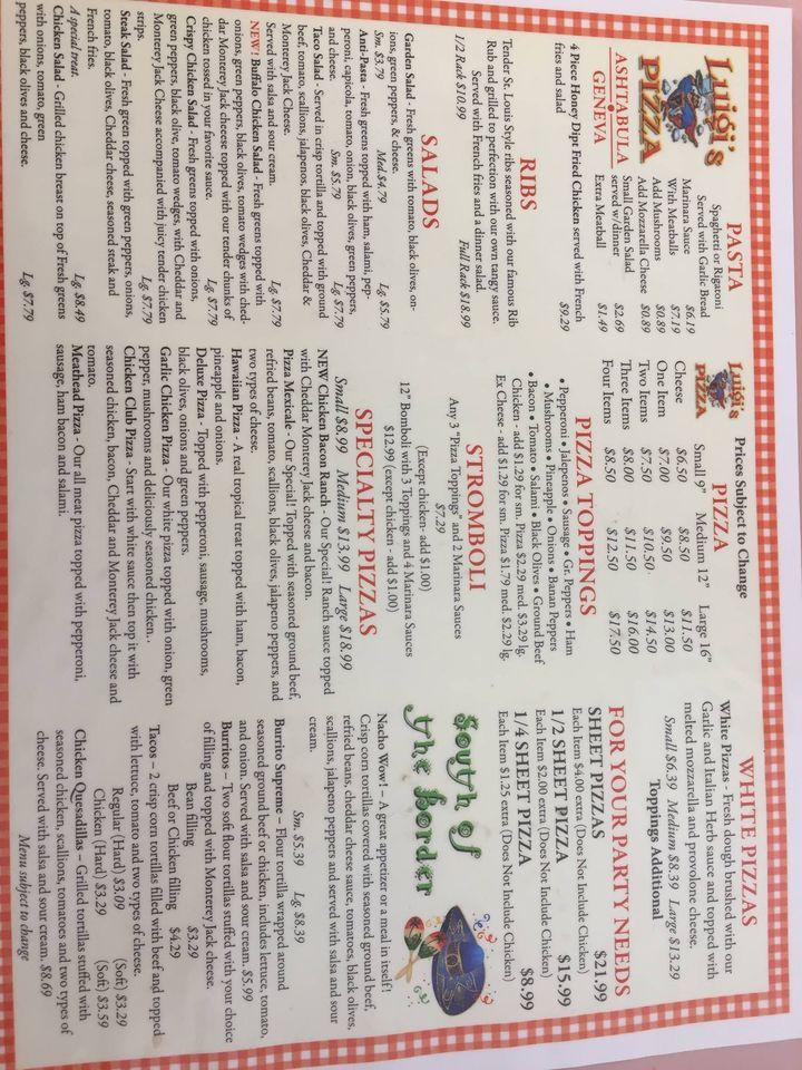 Menu at Luigi's Pizza pizzeria, Geneva