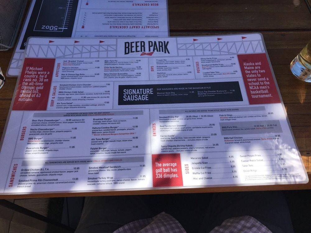 Menu at Beer Park pub & bar, Las Vegas, S Las Vegas Blvd