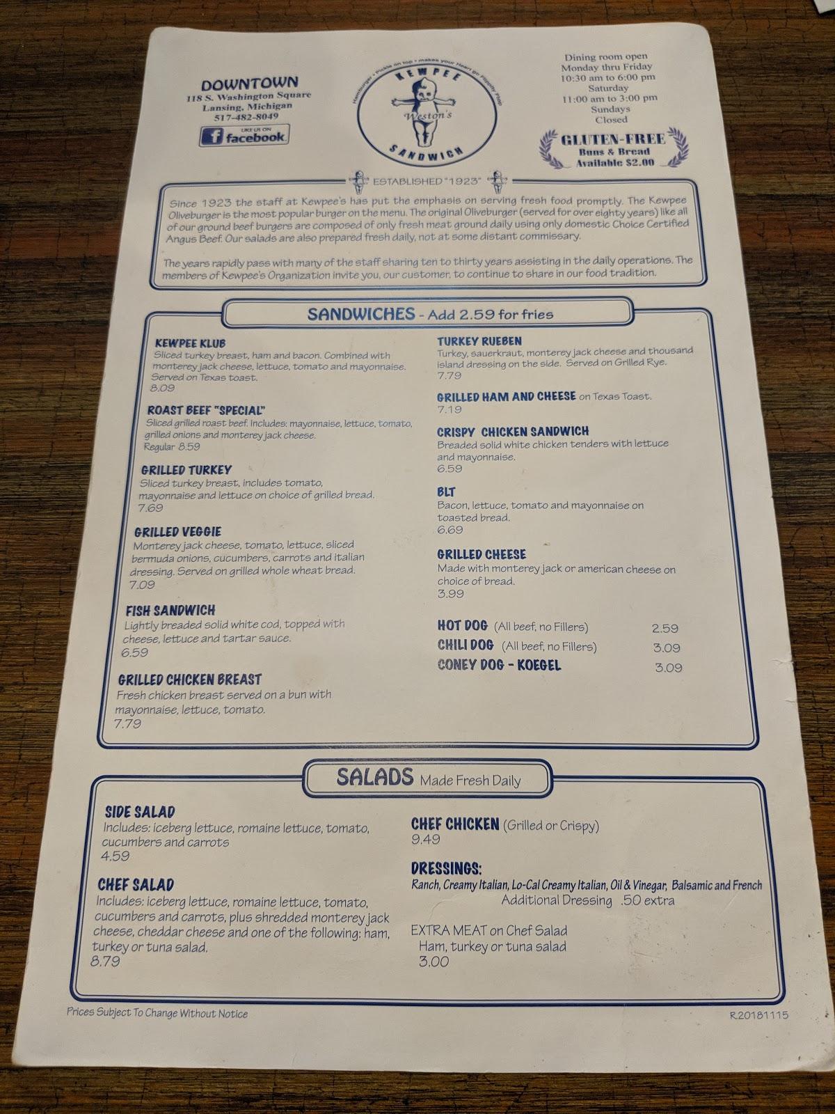 Menu at Kewpee Sandwich Shoppe restaurant, Lansing, 118 S Washington Square