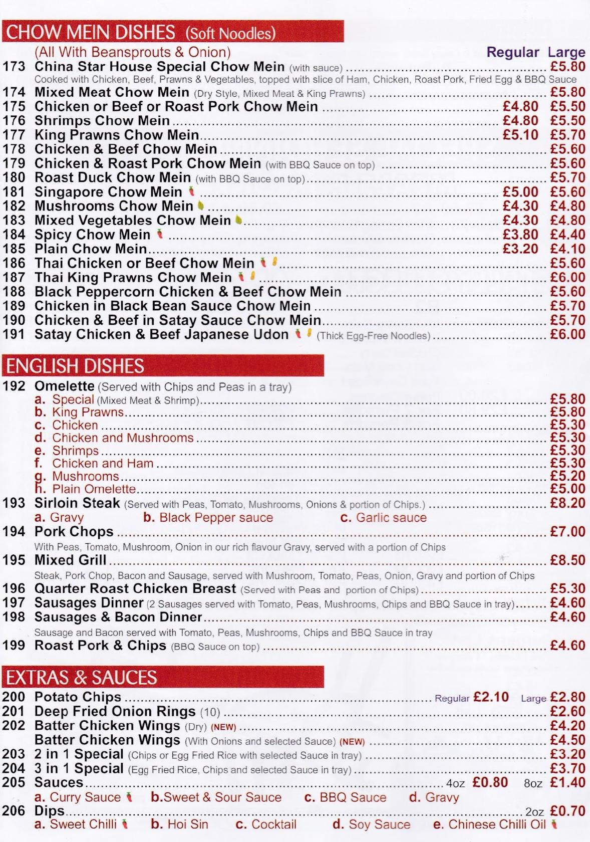 Menu at China Star fast food, Bedworth