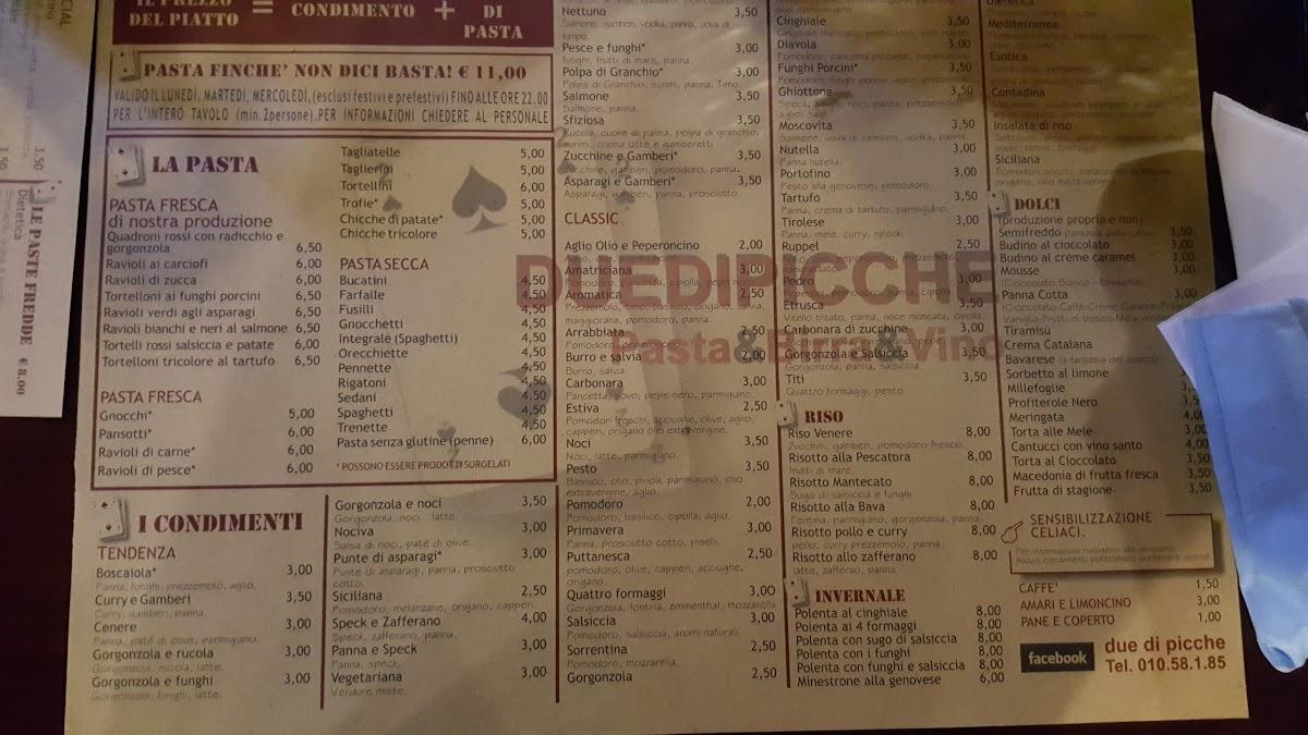 Menu da Due di Picche Pasta e Basta ristorante, Genova