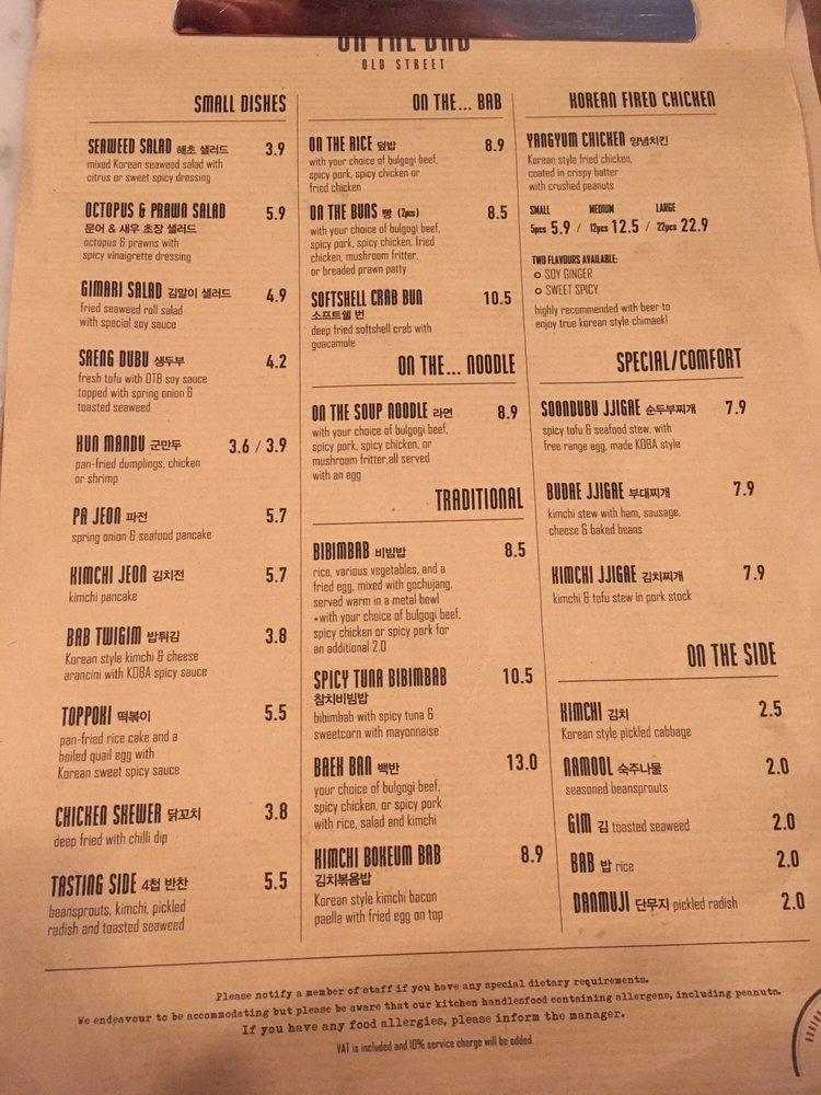 Menu at On The Bab restaurant, London, 305 Old St