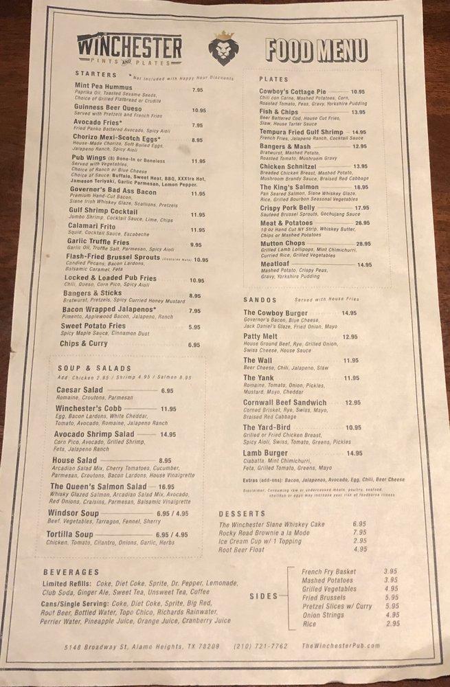 Menu at The Winchester pub & bar, San Antonio