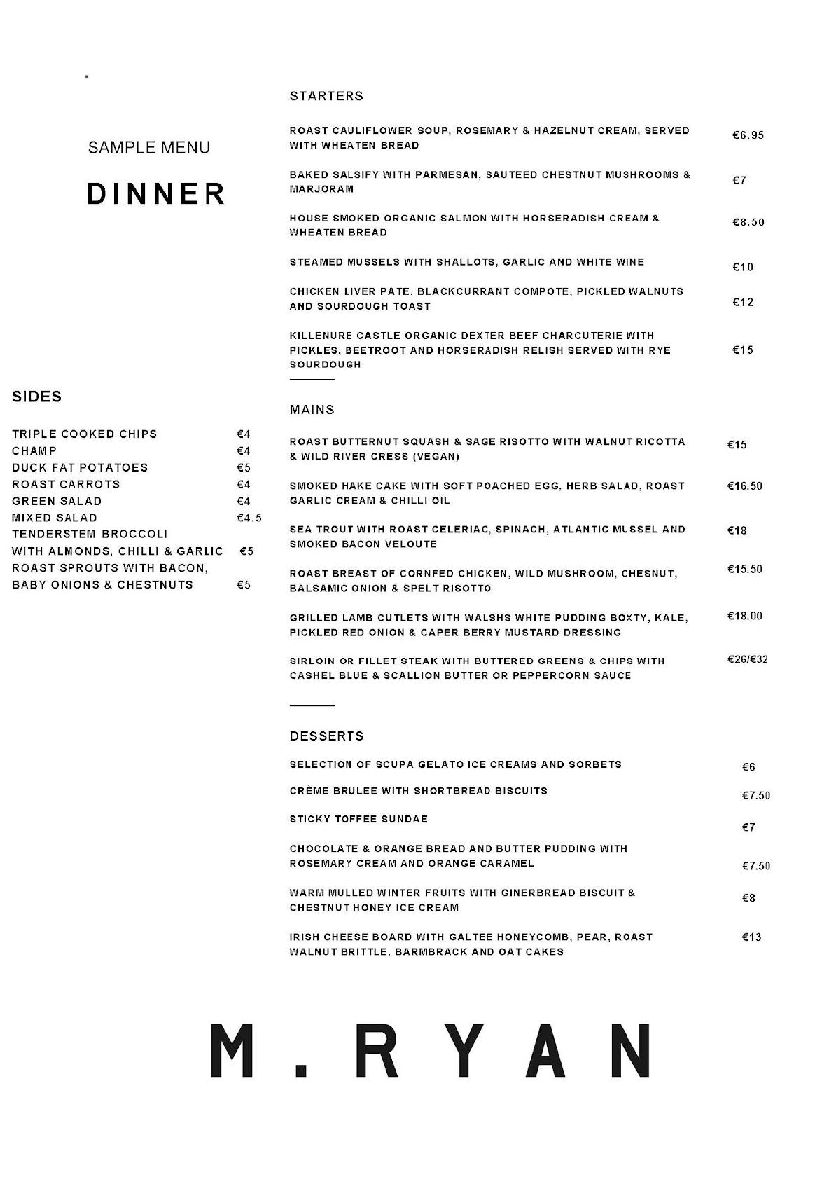 Menu at Mikey Ryan's Bar & Kitchen, Cashel