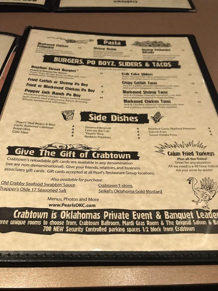 Menu at Pearl's Crabtown restaurant, Oklahoma City