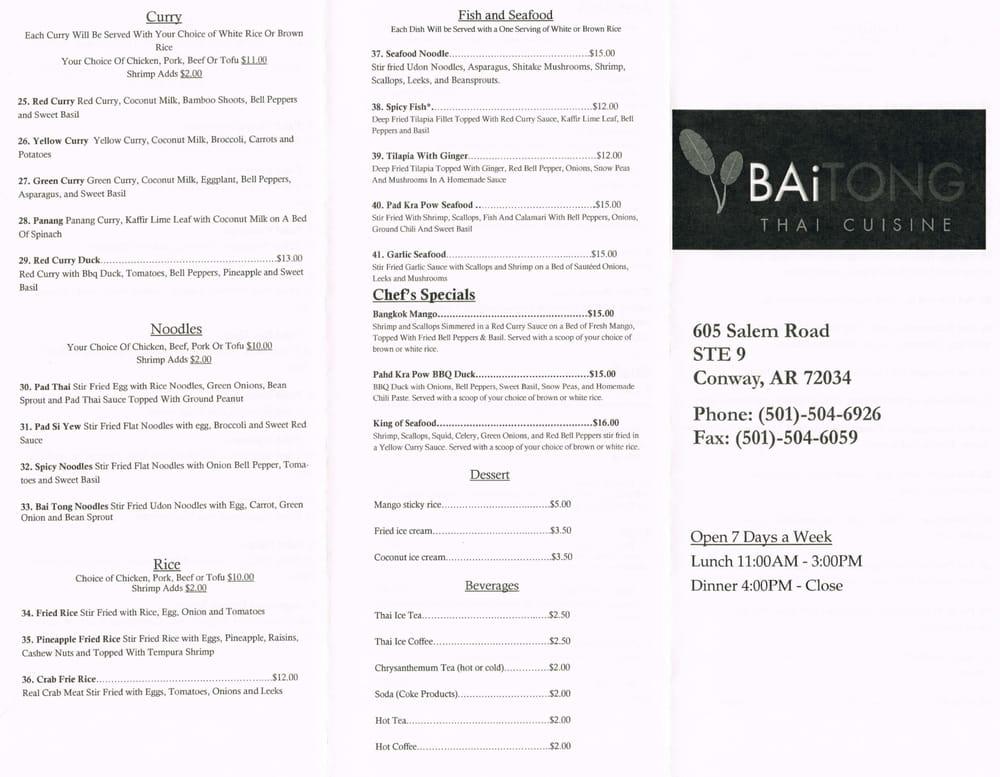 Carta del restaurante BaiTong Thai Cuisine, Conway