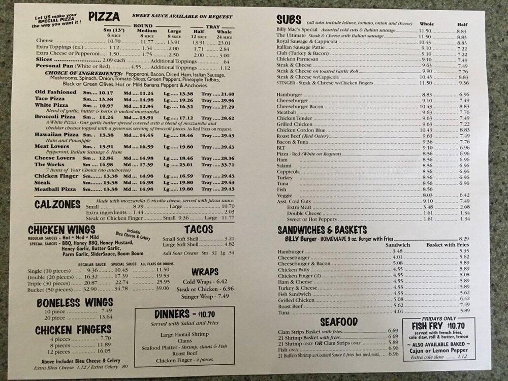 Menu at Billy Mac's Pizzeria, Ransomville